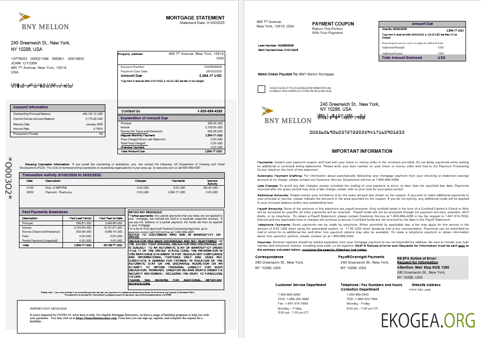 Relevé hypothécaire de la banque USA Bank of New York Mellon aux formats Word et PDF 1 , 2